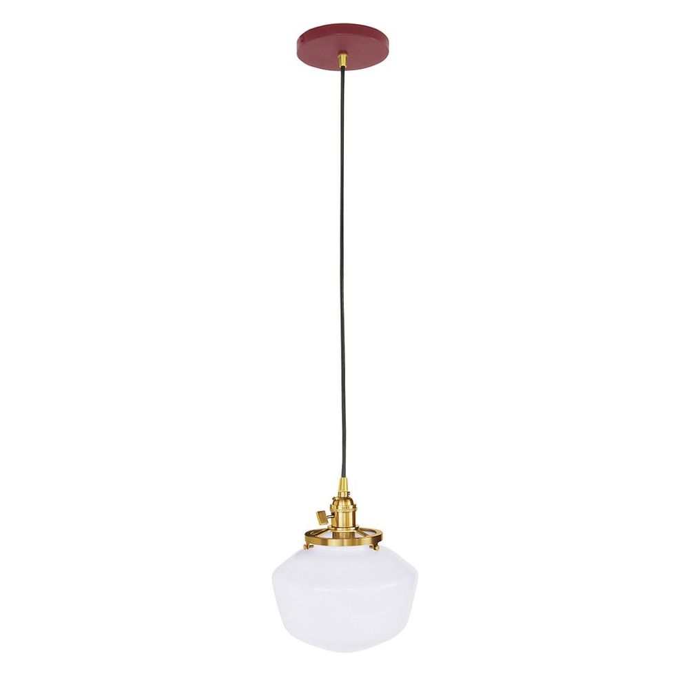 Montclair Lightworks PEB413-55-91-C16 8" Uno Pendant, Navy Mini Tweed Fabric Cord With Canopy, Barn Red With Brushed Brass Hardware